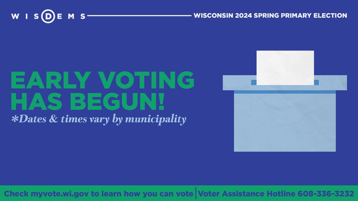 MantyDems's tweet photo. Early in-person voting has begun in Wisconsin for the Spring Primary Election! Remember: dates and times vary by municipality, and don't forget to bring your photo ID!

Got questions? Find answers 👇
🖥️ Visit https://t.co/cbBOOkeU9Z 
☎️ Or call 608-336-3232 https://t.co/KZSeI3uzc5