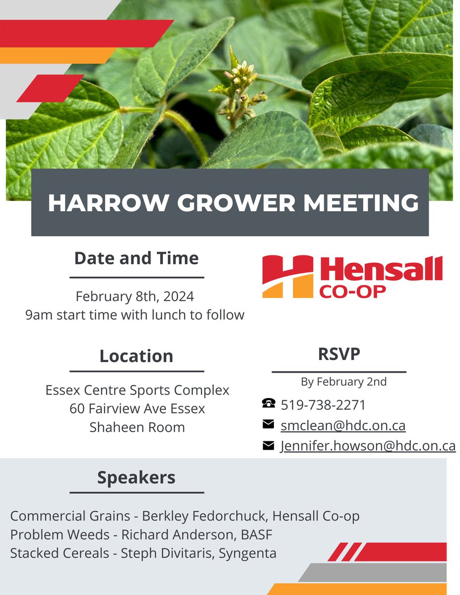 JennHowson's tweet image. Hensall Co-op, Harrow Grower Meeting - this Thursday, February 8th from 9-1pm (lunch included!)
Let us know if you plan on attending!