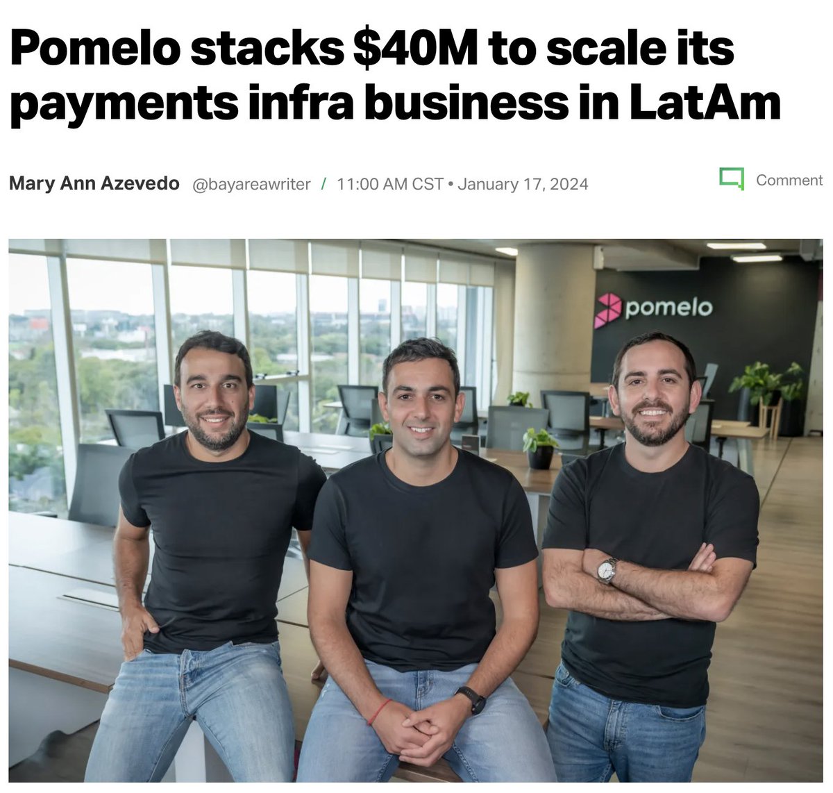 Congratulations to <a href="/pomelo_latam/">Pomelo</a> for their US$40M Series B led by <a href="/KaszekVentures/">Kaszek</a> with participation by monashees, <a href="/IndexVentures/">Index Ventures</a>, <a href="/insightpartners/">Insight Partners</a>, <a href="/endeavor_global/">Endeavor</a>, and Alter Global. 

techcrunch.com/2024/01/17/pom…
