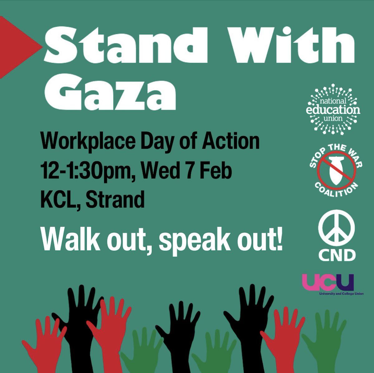 Tomorrow will be the biggest day of action in solidarity with 🇵🇸 so far. There will be actions on main @KingsCollegeLon campuses: Strand, Denmark Hill & Guys. We'll walkout with students @KCLUnison colleagues & health workers, doctors from Gaza, @pal_action & more! #StandWithGaza