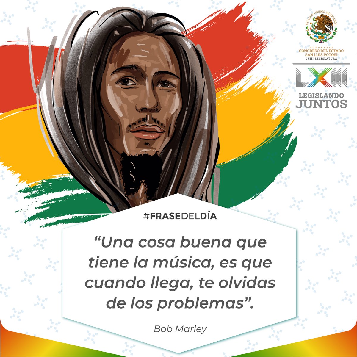 CongresoEdoSLP's tweet photo. #FraseDelDía ✍️
🎶 El 6 de febrero de 1945, en el pueblo de Nine Mile, en la parroquia de Saint Ann, en #Jamaica, nació la leyenda más grande de la música reggae, Robert Nesta Marley, mejor conocido como #BobMarley. https://t.co/8zGzzK33EE