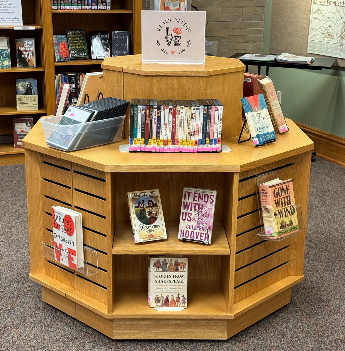 PaolaLibrary's tweet photo. With Valentine's Day right around the corner on February 14, we are in the month of love and romance. We have created a display complete with romantic music, romantic movies, romance novels new and classic, and some nonfiction titles about love and romance. #allyouneedislove https://t.co/SspCZe37y7