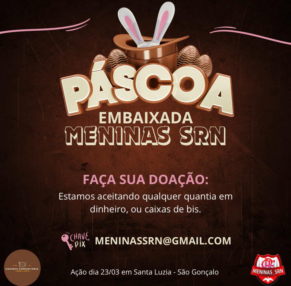 meninas_srn's tweet photo. O coelhinho da Páscoa já está começando os trabalhos aqui na Embaixada. Estamos dando início a mais uma Páscoa Solidária. 🐰🍫💝

Estaremos arrecadando caixas de Bis ou qualquer quantia em dinheiro, que será destinada às crianças do projeto Cozinha Comunitária de Santa Luzia. https://t.co/BEf94J8Zmw