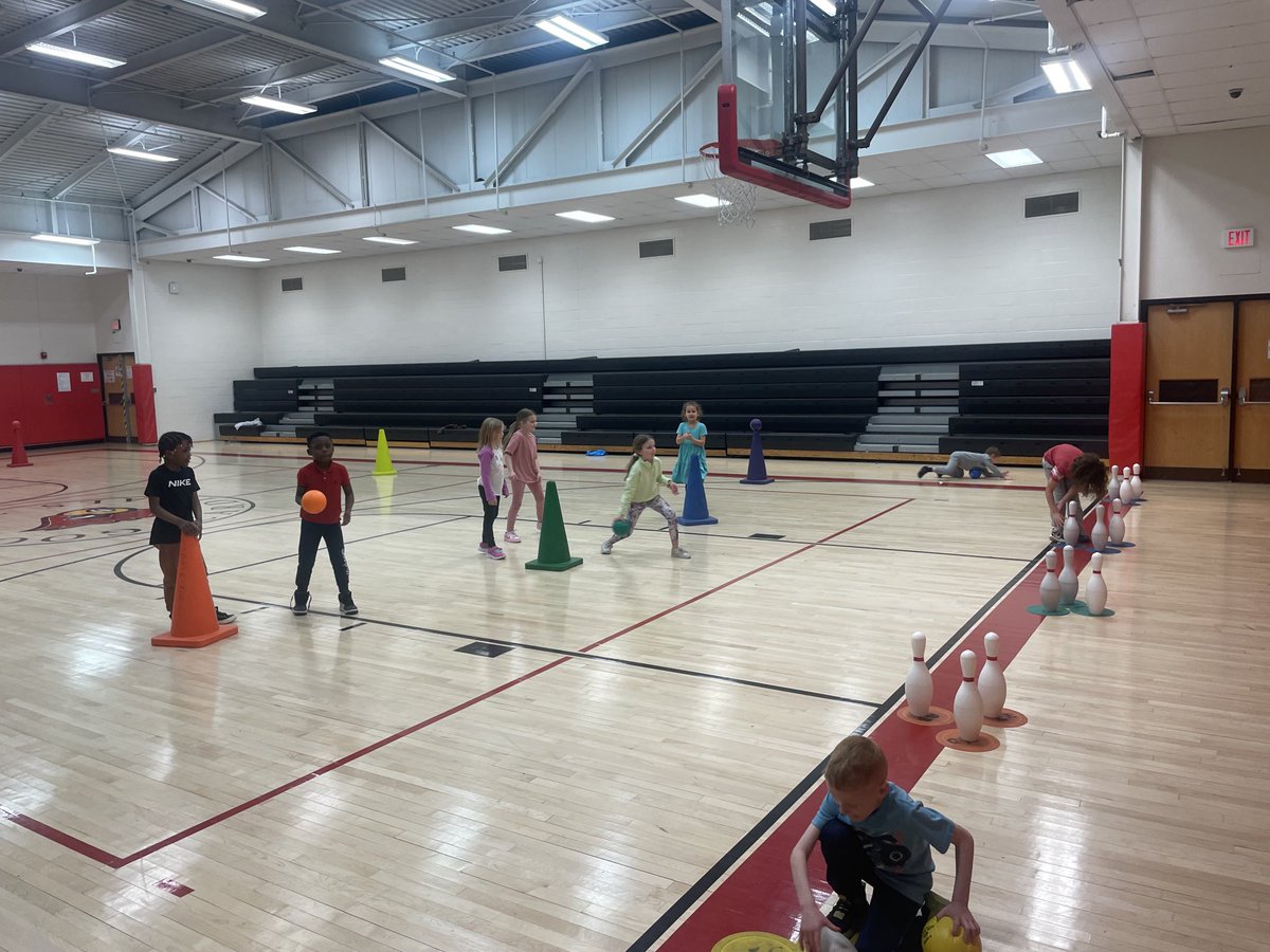 1st Grade Cardinals working on their underhand throws in a game of team bowling this week in PE Class ⁦@GoodridgeElem⁩