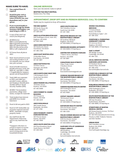 Get your taxes done for free here at the Center for Working Families! January 30th to April 16th, Tuesday's and Thursday's from 1pm to 7pm and Saturday's from 10am to 2pm. Come on down to 7 Palmer St. Roxbury, MA 02119.