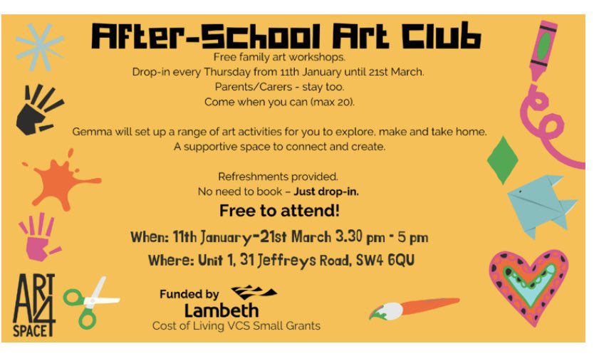 🎨 Art4Space offer FREE #communityservices.  Why not engage in the Co-working Support Club for collaborative inspiration, let kids explore #creativity in the After-school #Art Club, enjoy crafting at Crafternoon! 

Art4Space are here to foster the creative spirit 🌈 Check flyers