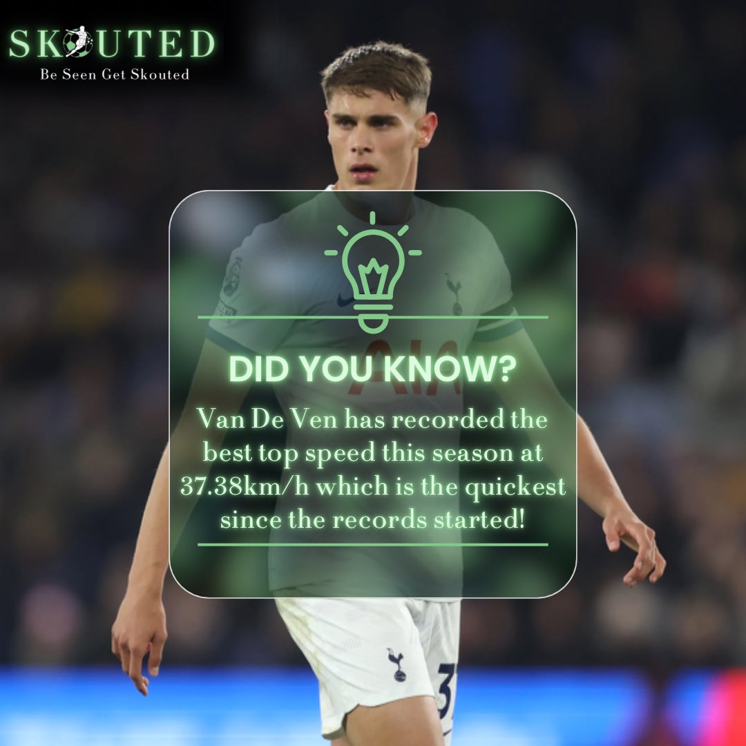 Micky Van De Ven is looking to be a great signing for Spurs ⚡️⚪️

The 22 year old is the quickest recorded player in the league this season at 37.38 km/h 🚀

The future is bright 🇳🇱

#Skouted #Football #Spurs #Premierleague
