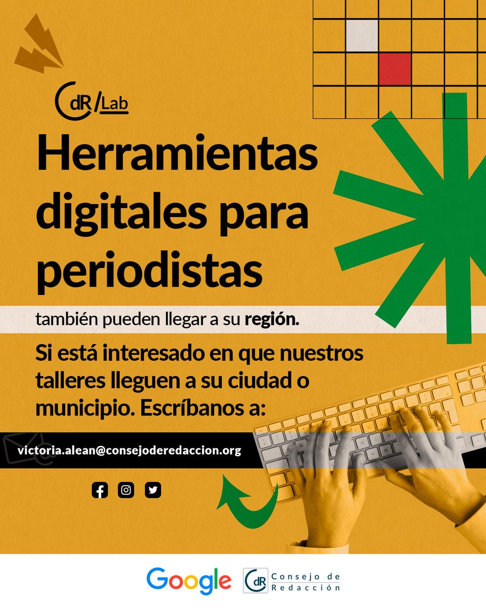 CdR_'s tweet photo. #ConvocatoriaCdR Si está interesado en que el taller #CdRLab 'Herramientas digitales para periodistas' llegue a su región, escríbanos. 👇

📩 victoria.alean@consejoderedaccion.org https://t.co/4s593t54Ed