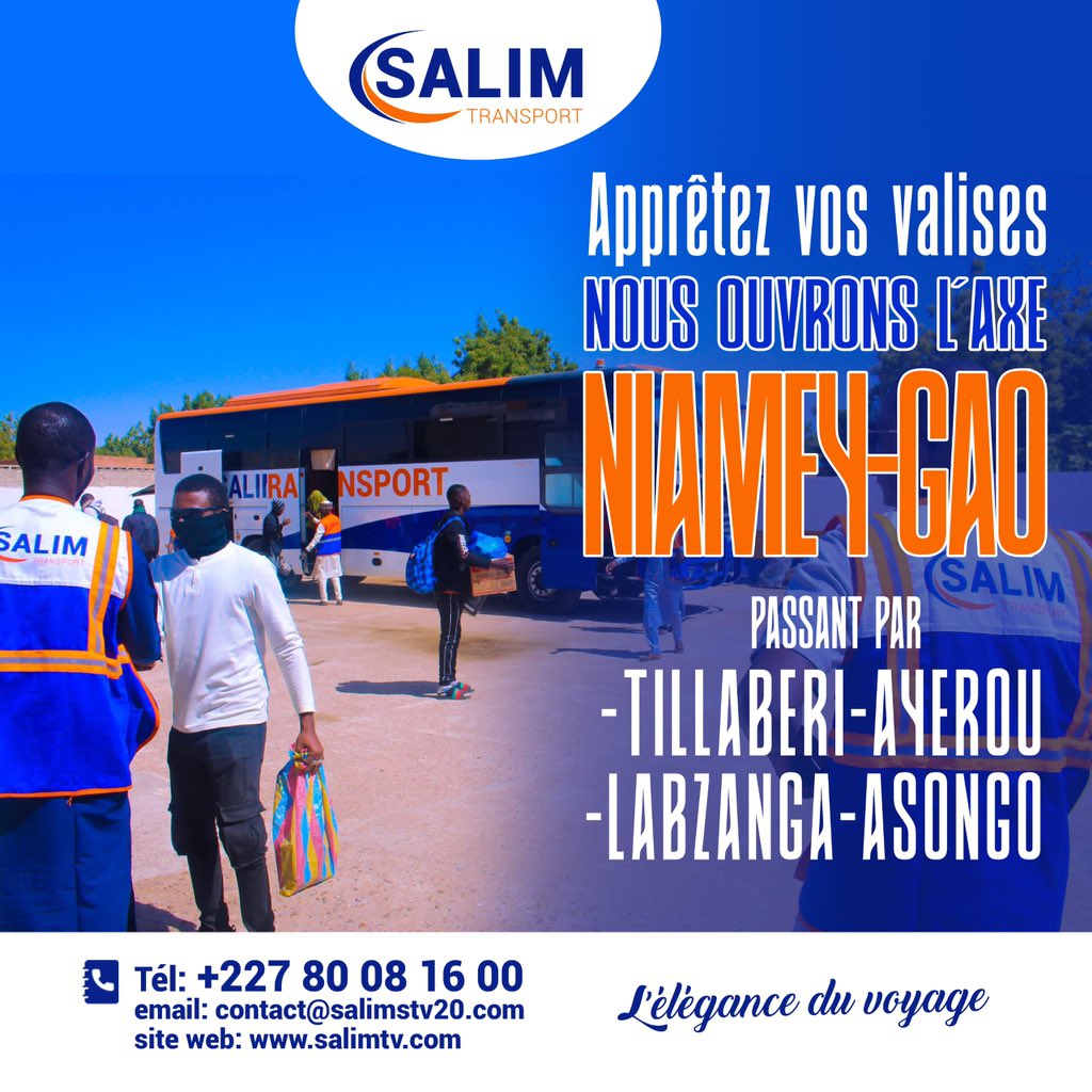 🟠🔵 Désormais voyager en aller-retour ssur l'axe Gao passant par Tillaberi.  Profitez de nos meilleurs services à moindre coût dans le confort l'élégance et la sécurité. #SalimTransport votre partenaire de confiance pour un voyage réussi.        L'élégance du voyage !!!