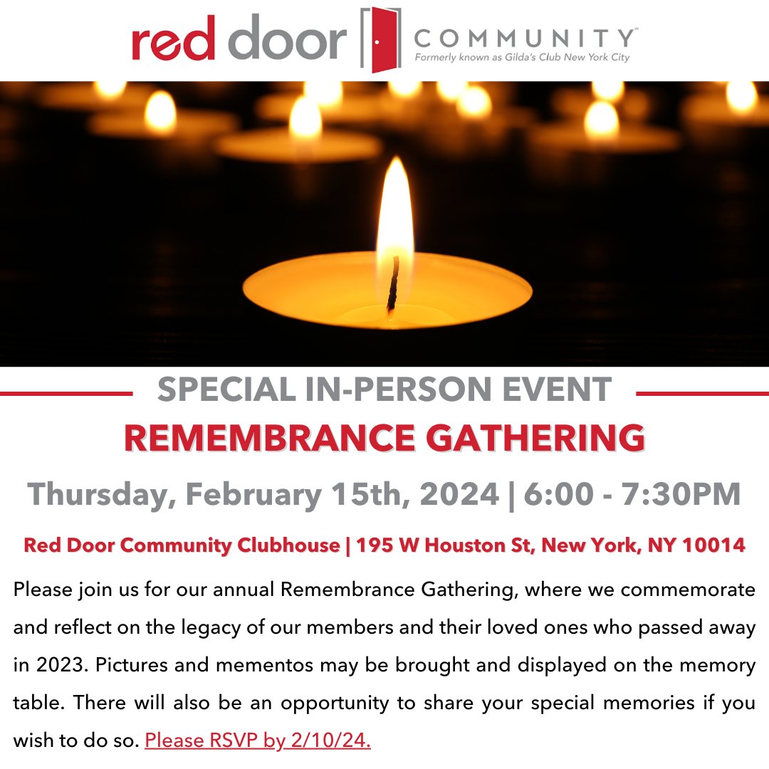 Join us as we honor the cherished memories of our beloved #RedDoorCommunity members and their loved ones who passed away in 2023. Please RSVP at bit.ly/2024RDCRG 

For any inquiries, please email Nadine at nbartholomew@reddoorcommunity.org.🌹