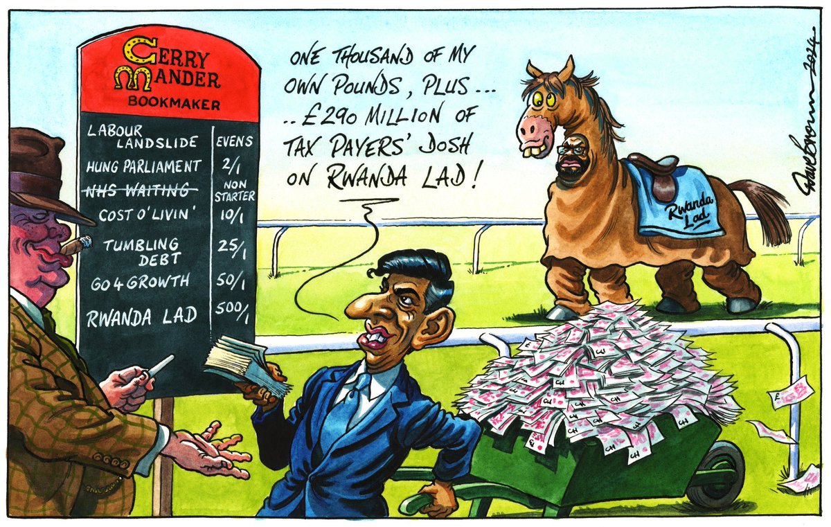 Cartoon4sale's tweet photo. Dave Brown on #Sunak #RishiSunak #RwandaBet #StupidPunt #Rwanda #Asylum #5Pledges #JamesCleverly – political cartoon gallery in London https://t.co/dePcTdnXF6 https://t.co/S1UH4TeNQ3