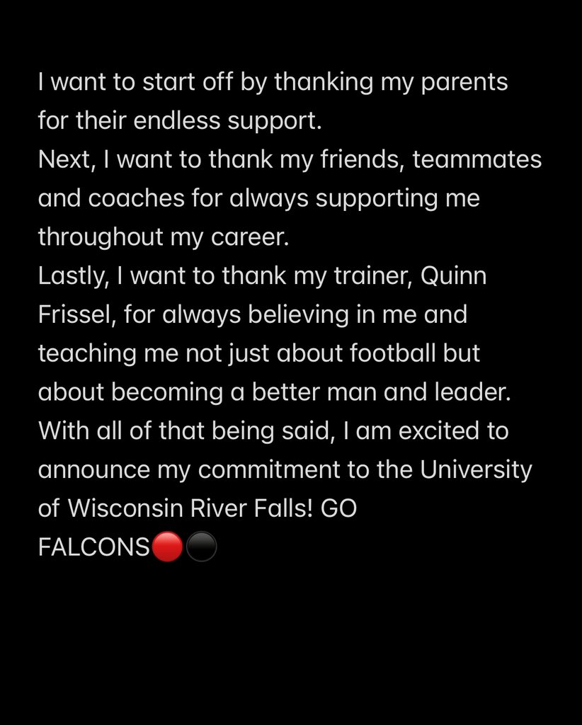 Caden Wick (@cadenwick) on Twitter photo COMMITTED๐ดโซ๏ธ Go Falconsโผ๏ธ
<a href="/CoachWalkerRF/">Matt Walker</a> <a href="/CoachJMath/">Joe Matheson</a>
<a href="/UWRFFootball/">Falcon Football</a> <a href="/plhsfootball/">Prior Lake Football</a> COMMITTED๐ดโซ๏ธ Go Falconsโผ๏ธ
<a href="/CoachWalkerRF/">Matt Walker</a> <a href="/CoachJMath/">Joe Matheson</a>
<a href="/UWRFFootball/">Falcon Football</a> <a href="/plhsfootball/">Prior Lake Football</a>