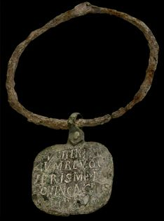 3. This is a Roman slave collar. Its inscription reads: 'I have run away; hold me. When you shall have returned me to my master, Zoninus, you will receive a gold coin.' The odds are that Zoninus' slave was not black.