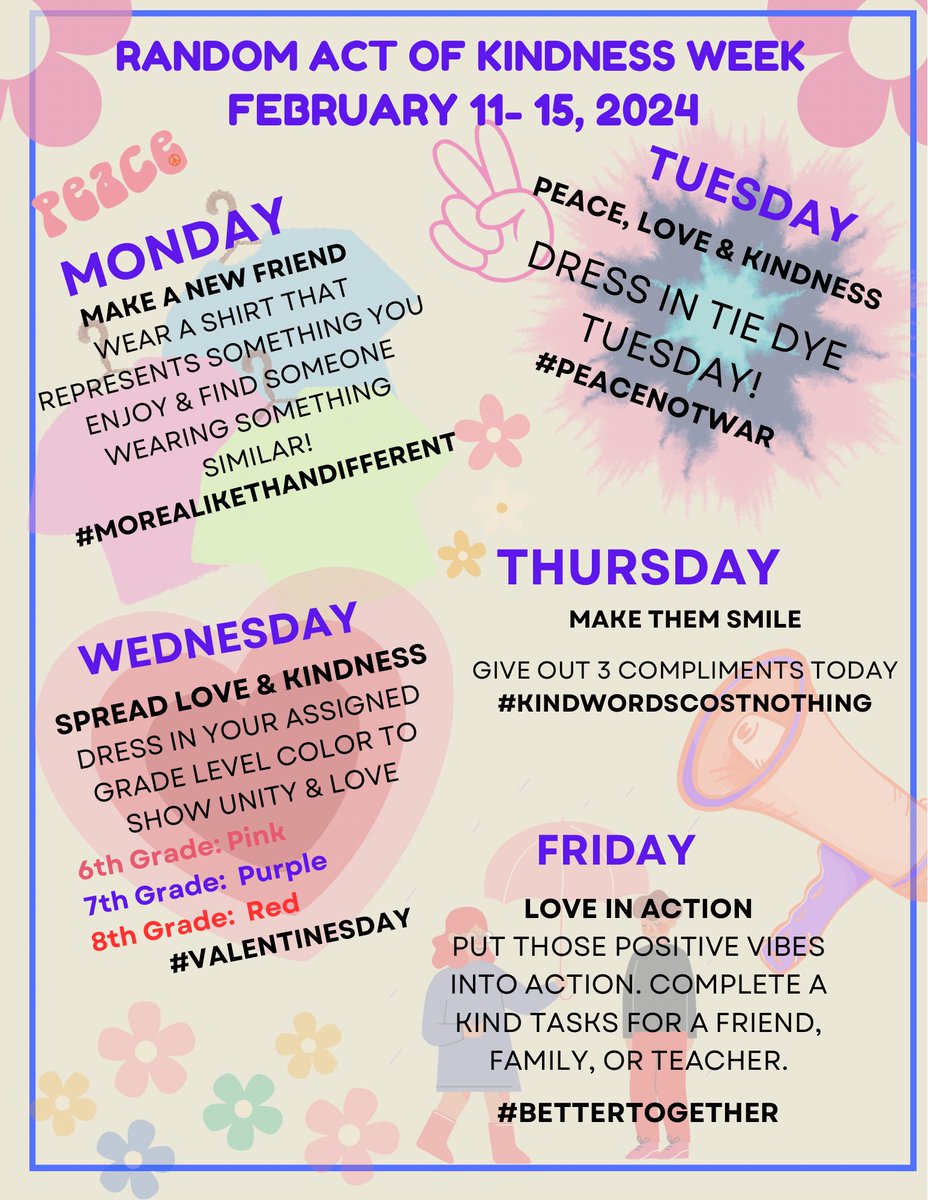 Random Acts of Kindness Spirit Week!
We don’t need an excuse to practice kindness, but a fun spirit week doesn’t hurt. <a href="/CMSredwolves/">Clinton Middle School</a>
