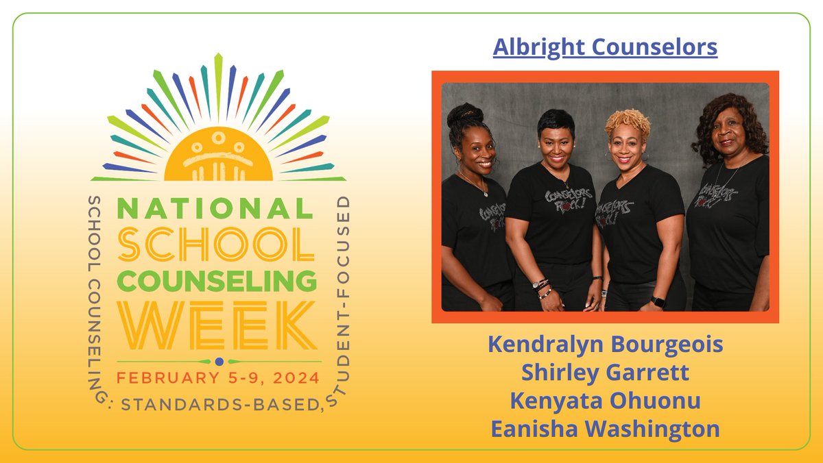 We are so lucky to have these amazing counselors at Albright Middle School! Make sure you let them know how appreciated they are this week! #NationalSchoolCounselingWeek #NSCW2024 #WeAreAlief