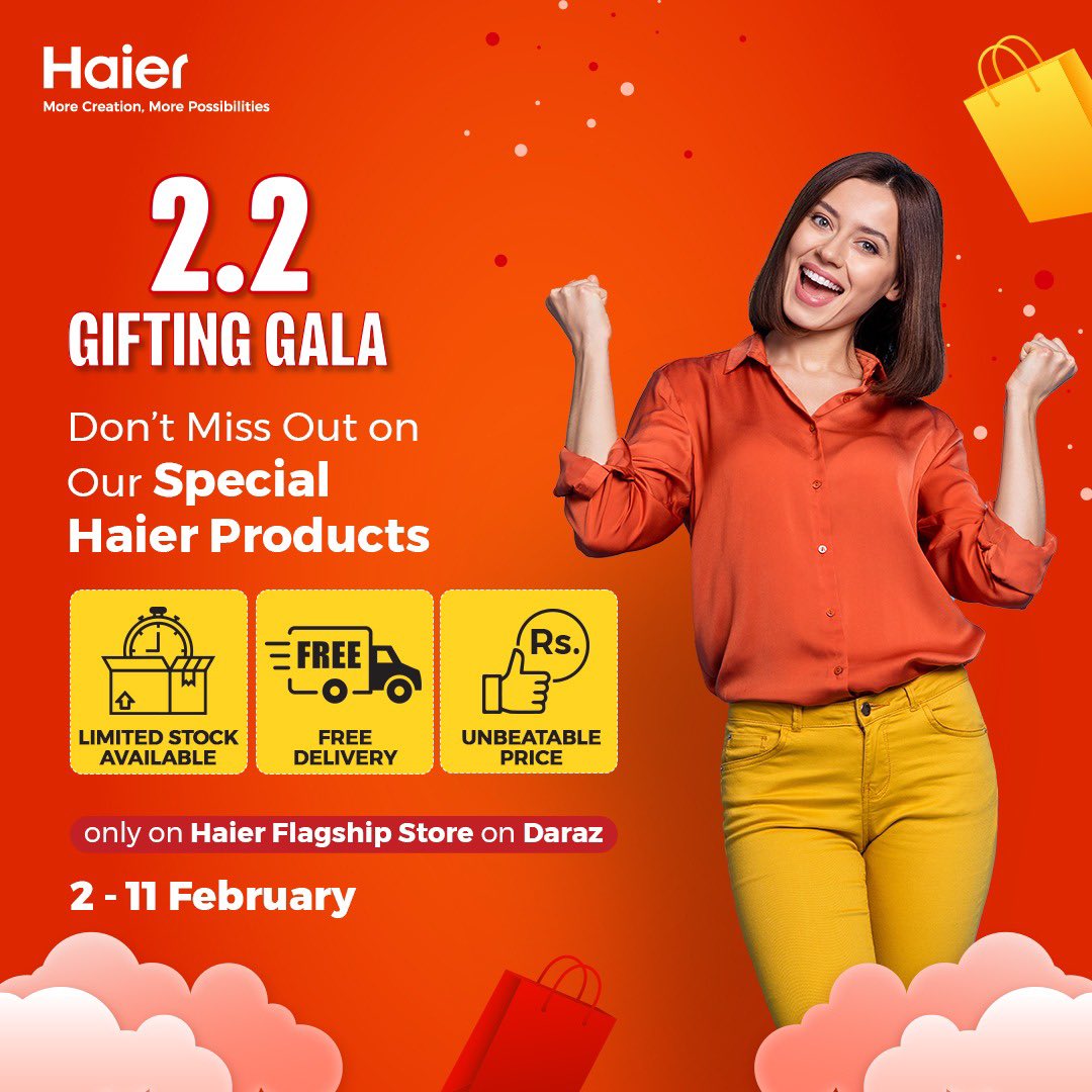 Shop Now: click.daraz.pk/e/_C6Va8I It’s a shopping spree like never before and you don’t want to miss out on special Haier and Candy products in Daraz 2.2 Gifting Gala Sale! Get free delivery on your favorite Haier and Candy appliances and avail of unbeatable prices. Order now