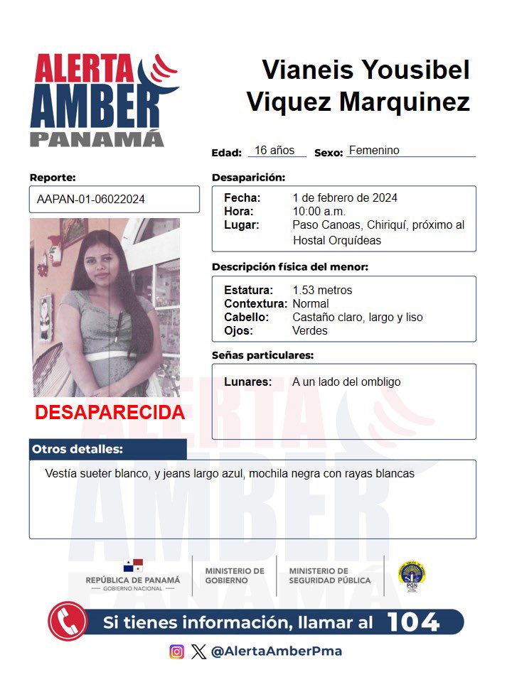 MinSegPma's tweet photo. Cumpliendo con los parámetros establecidos en la Ley 230 de 24 de junio de 2021, procedemos a la activación de la Alerta Amber y en consecuencia se solicita la colaboraciónde la ciudadanía. #ReportaAl104 @tupistapty https://t.co/mFJR95bxyL