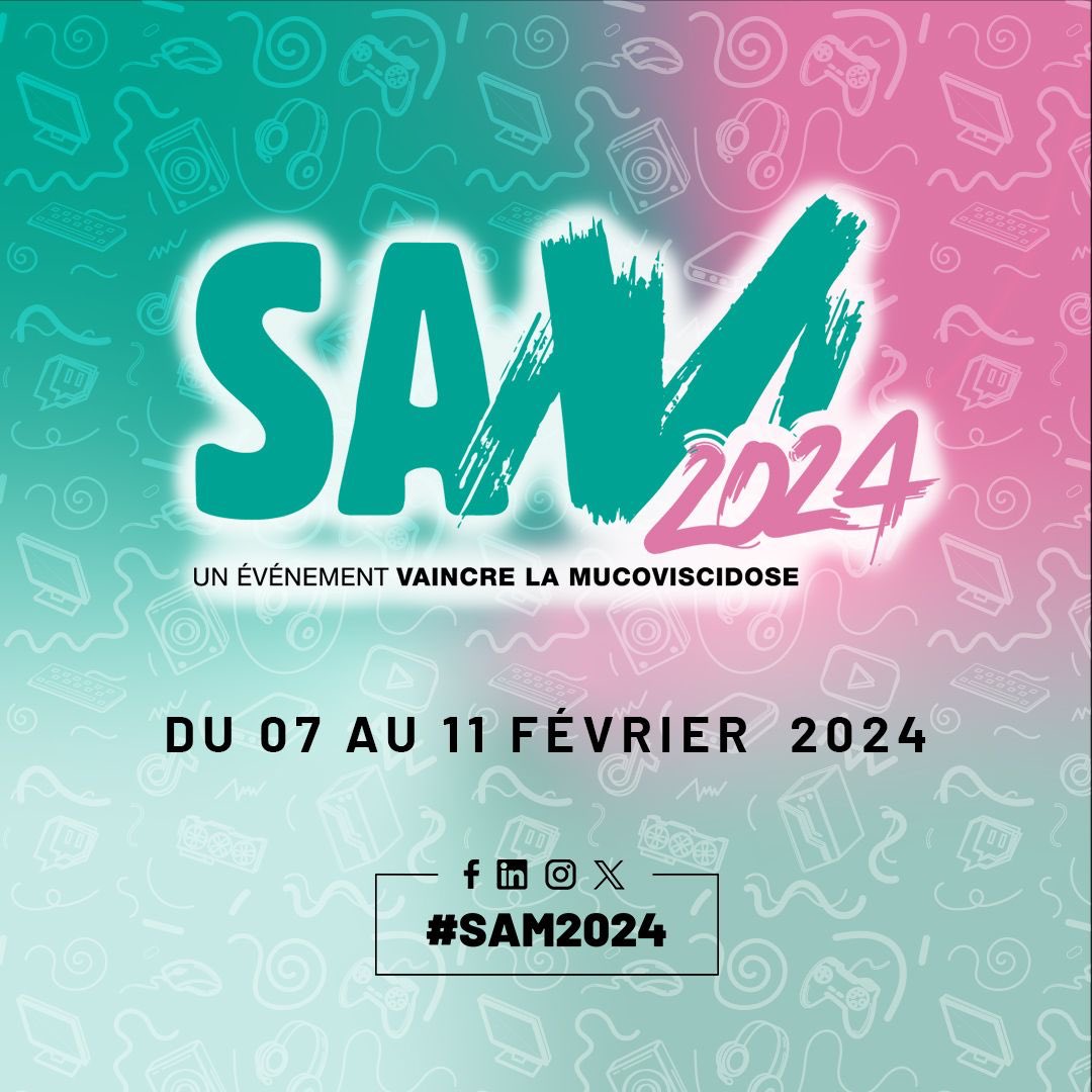 Cette semaine se déroule l'événement caritatif Stream Against Muco (du 7 au 11 Février 2024).

Organisé par l'association Vaincre la Mucoviscidose, cet événement a pour but de récolter des dons pour aider la recherche et les personnes malades.
Une trentaine de streamers et