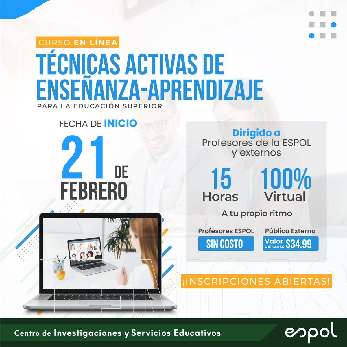 CISE_ESPOL's tweet photo. INSCRIPCIONES ABIERTAS 
Activa tus clases mediante técnicas didácticas innovadoras y efectivas.💡🚀

Dirigido a: Profesores de la @espol y púbico externo.👩‍🏫

Más información y registros: https://t.co/vKeuawT5mj https://t.co/cGR3B4Z6Va