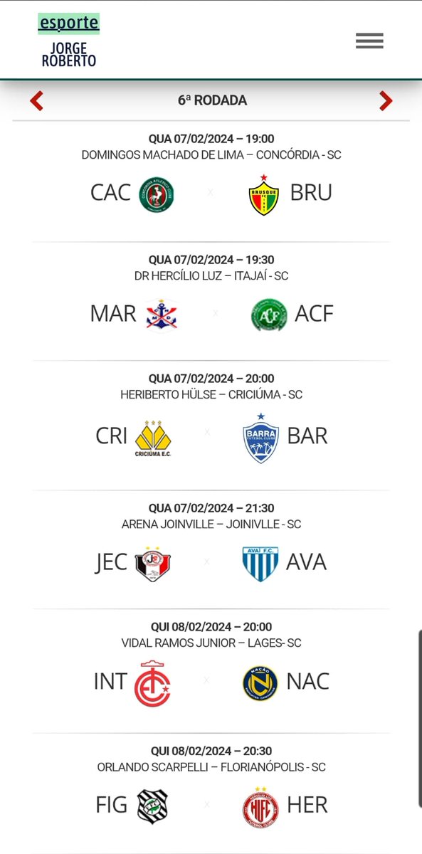 EsporteJorge's tweet photo. Rodada do Catarinense neste meio de semana!
6ª Rodada
#futebol
#futebolcatarinense
#ecjr
#esportecomjorgeroberto https://t.co/lTEEggu3Zv