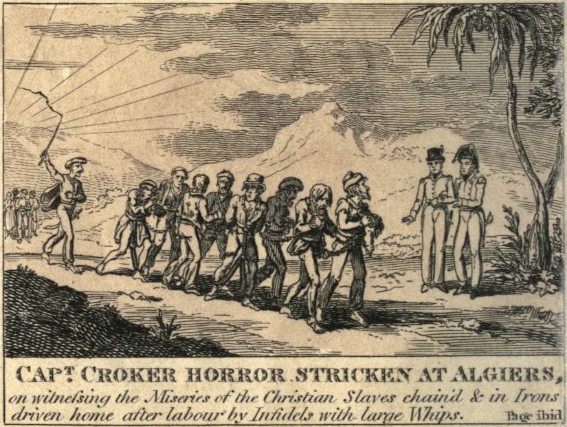 5. Whites were also enslaved by North Africans during the Barbary slave trade. Barbary pirates would raid Europe's coasts and seize European ships and enslaved white people. These are white Christian slaves in Algiers in 1815.