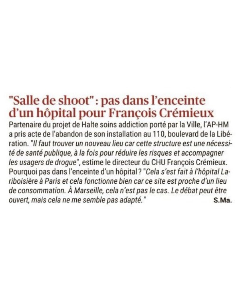 Nous avons gagné notre combat contre l’implantation d’une HSA dans un quartier sans toxicomanie de rue. F CREMIEUX DG de l’APHM favorable à cette implantation , utilise notre argument pour refuser l’installation d’une HSA dans un de ses hôpitaux <a href="/ContreSCMR110/">COLLECTIF CITOYENS ENFANTS LIBERATION</a> <a href="/LariboisiereGDN/">Riverains Lariboisière Gare du Nord</a>