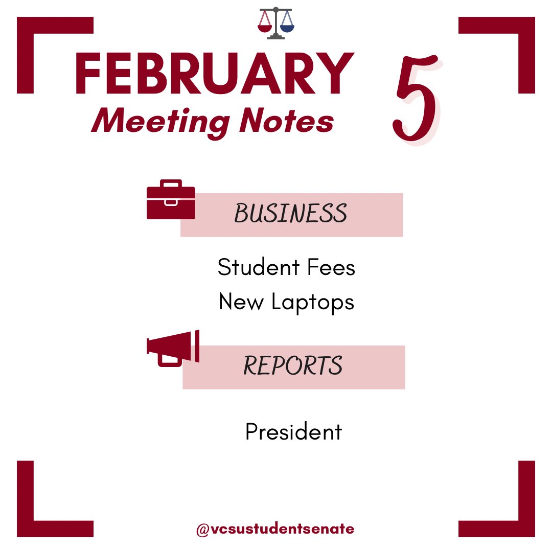 💼 In this week's meeting...  

📷 For more information on these topics, check out the full post on our Instagram!  

#MeetingNotes #StudentSenate #StudentGovernment #VCSUStudentSenate