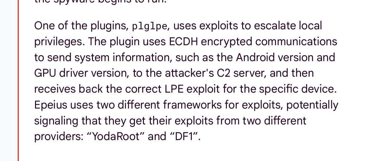 The report documents some of the lesser known players such as Cy4Gate and RCS, with a deep dive into their exploits. We don’t know where they acquire their exploits, but Google suggests Cy4Gate has access to multiple exploit frameworks named “YodaRoot” and “DF1” 🤔