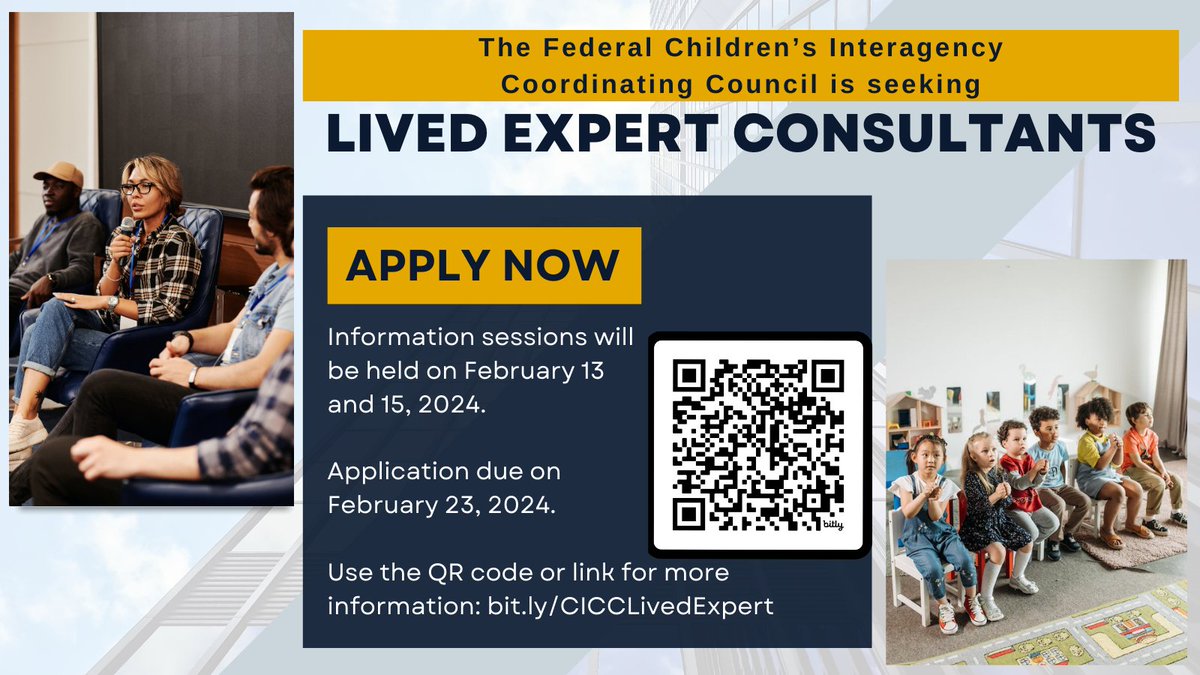 Looking for people with lived/living experience with poverty to consult for the new federal Children’s Interagency Coordinating Council! Please share and apply now! Check out bit.ly/CICCLivedExpert for more information. #livedexperience #childpoverty #childwellbeing #livedexpert