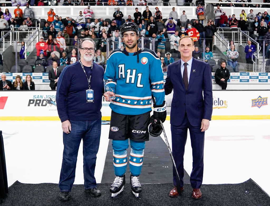TheAHL's tweet image. Arshdeep Bains of the @abbycanucks captured the 2024 AHL All-Star Challenge MVP award with 2 goals and 3 assists on the night.  Including the GWG in the championship game.