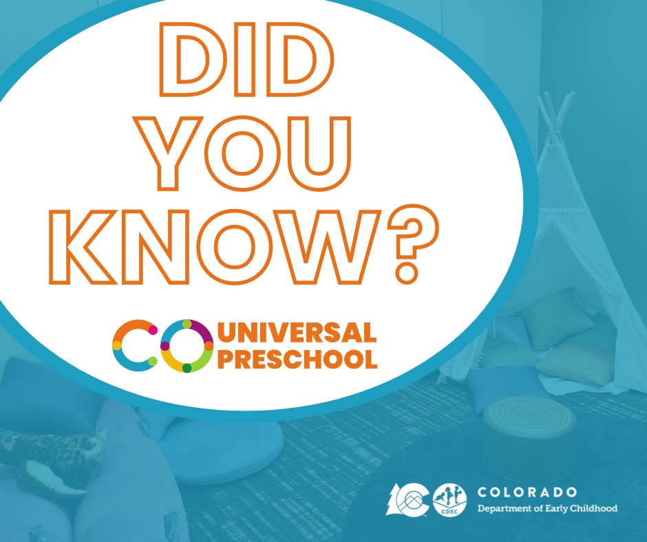 Did you know?

23-24’ Colorado Universal Preschool provided nearly 40,000 4-year-olds with state funding for high-quality education – double the amount from '22-23!

Visit our website today to learn more about the new ‘24-25 enrollment process! bit.ly/3ulmOmb
