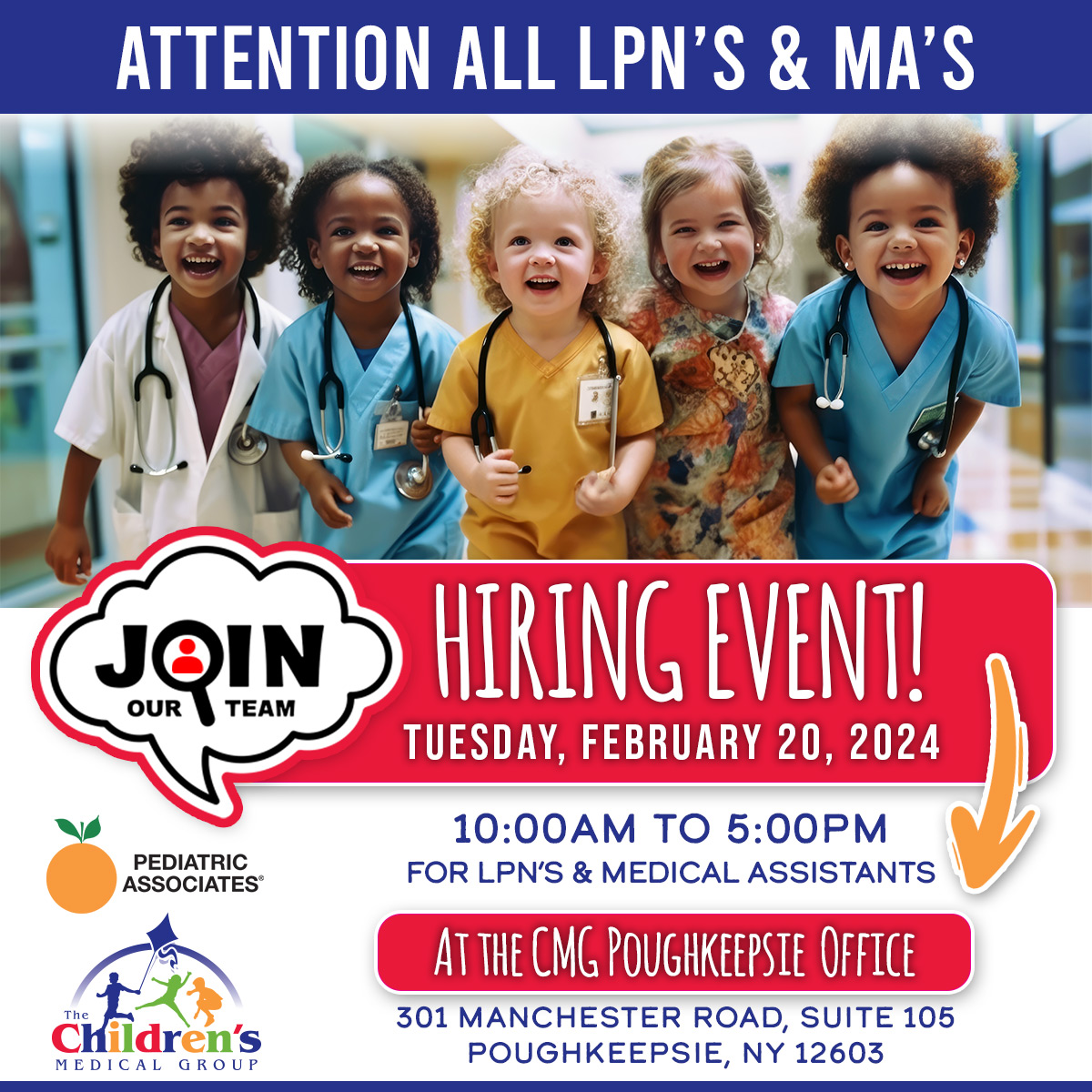 CMG4Kids's tweet photo. ✨ Friendly Reminder: Children's Medical Group Hiring Event - Tuesday, February 20, 2024 ✨

Are you passionate about pediatric care? Explore career opportunities and be a part of our dedicated team.

More information on this event can be found at https://t.co/NFugY55iDU! https://t.co/uwxdZZQZPL