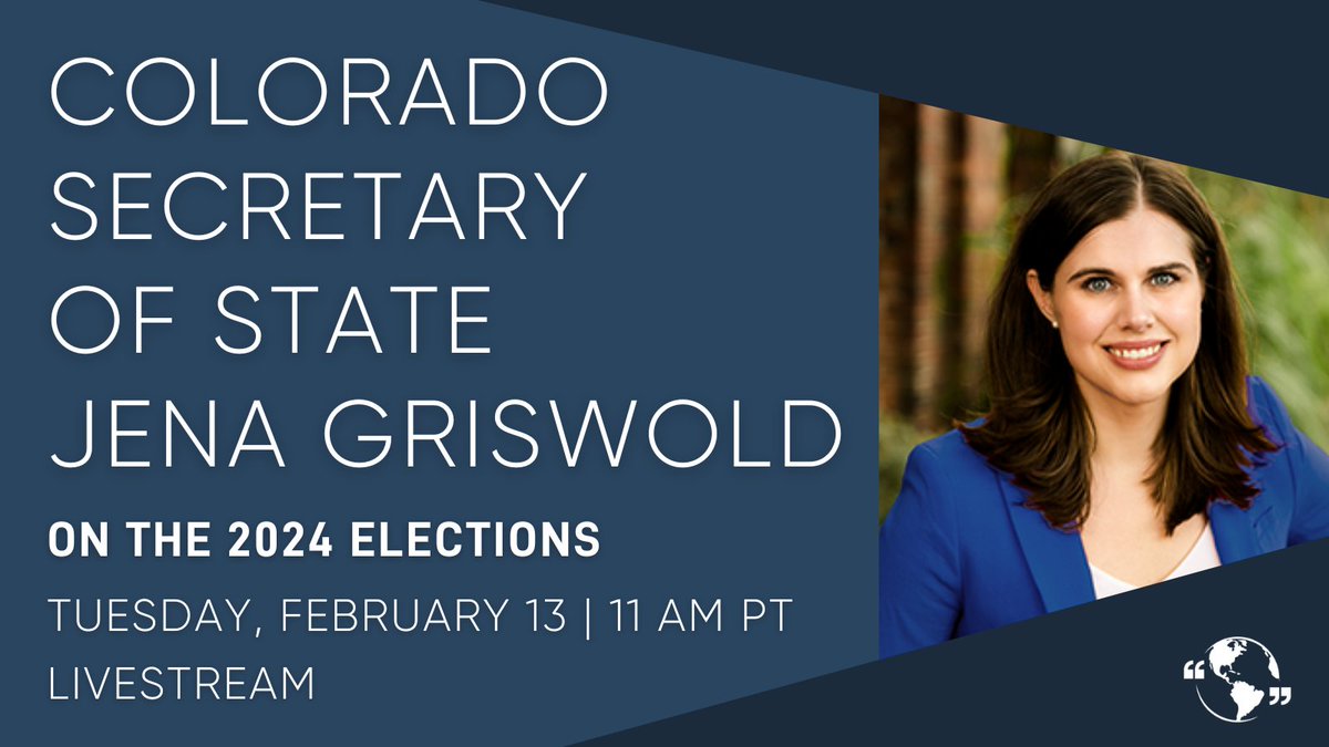 FREE WEBINAR: bit.ly/3UraV8Q CO Secretary of State @JenaGriswold will discuss the challenges facing the 2024 election - a topic pertinent in her home state - as well as her efforts to safeguard democracy in the wake of the 2020 election and widespread misinformation