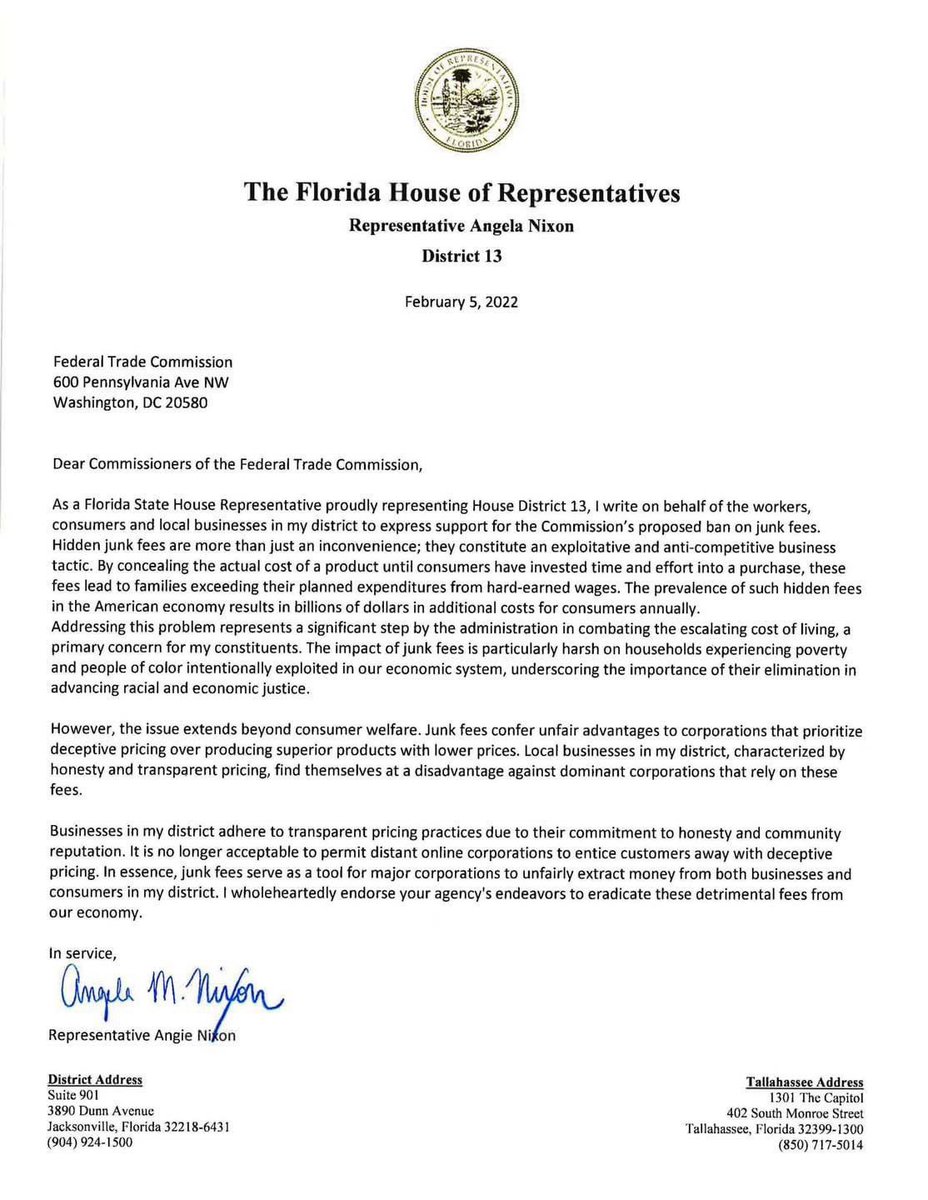 Submitted my letter supporting the FTC’s effort banning junk fees--bogus charges like “service” and “convenience” fees. The ban will help honest businesses compete with big corporations & save all Floridians money.