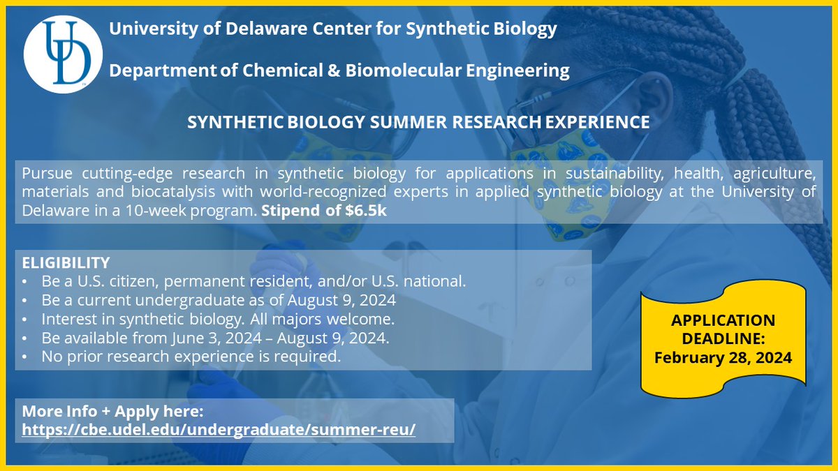 Are you a college undergrad and interested in synthetic biology? Apply to <a href="/UDSynBio/">UD Center for Translational Synthetic Biology</a>'s summer research experience with potential mentors including <a href="/MarkBlenner/">Mark Blenner 🏳️‍🌈🇺🇦🧬</a> and <a href="/drksolomon/">Kevin Solomon (drksolomon.bsky.social)</a>. Applications due Feb 28, 2024 at cbe.udel.edu/undergraduate/…