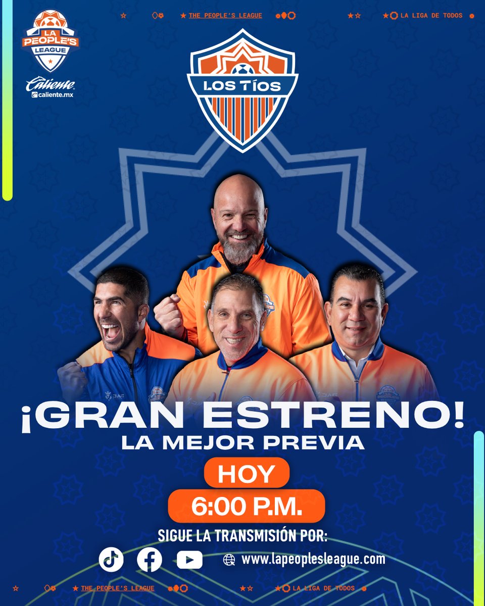 LaPeoplesLeague's tweet photo. 'Los Tíos' ya están listos para la Jornada 2🗓️

La mejor previa de #LaPeoplesLeague 🏆

🗓️HOY 6 de febrero
⏰6:00 PM
📱Disfruta la transmisión EN VIVO en nuestro Facebook, YouTube, Tik Tok y https://t.co/QkpwmGRJk3 https://t.co/K4fouftmdj