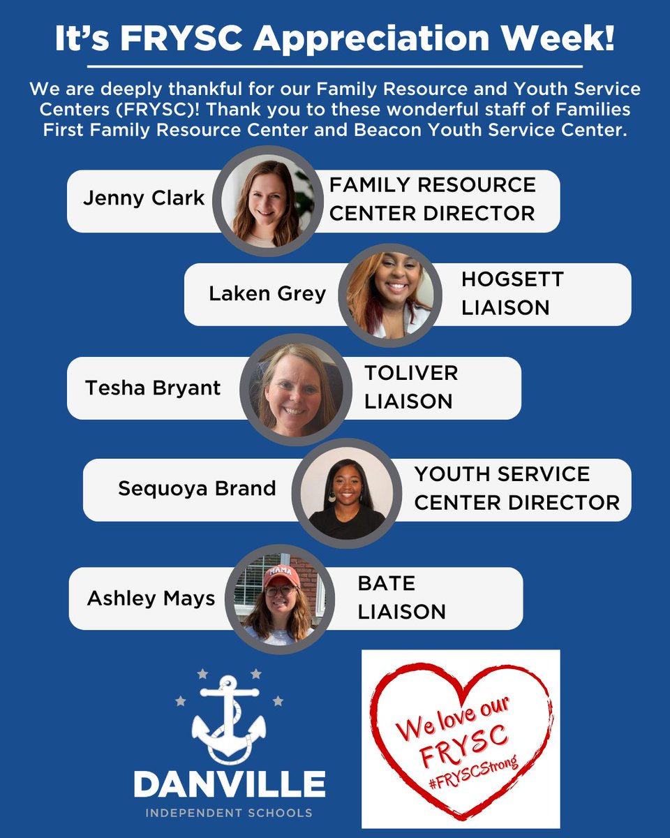 DanvilleSchools's tweet photo. We have amazing FRYSC staff in the #DISD! We'd like to recognize them in honor of FRYSC Appreciation Week. We'll share a special post to honor our FRYSC staff later this week. Stay tuned! #whateverittakes #kybuilt #fryscstrong https://t.co/XwE6myhzWd