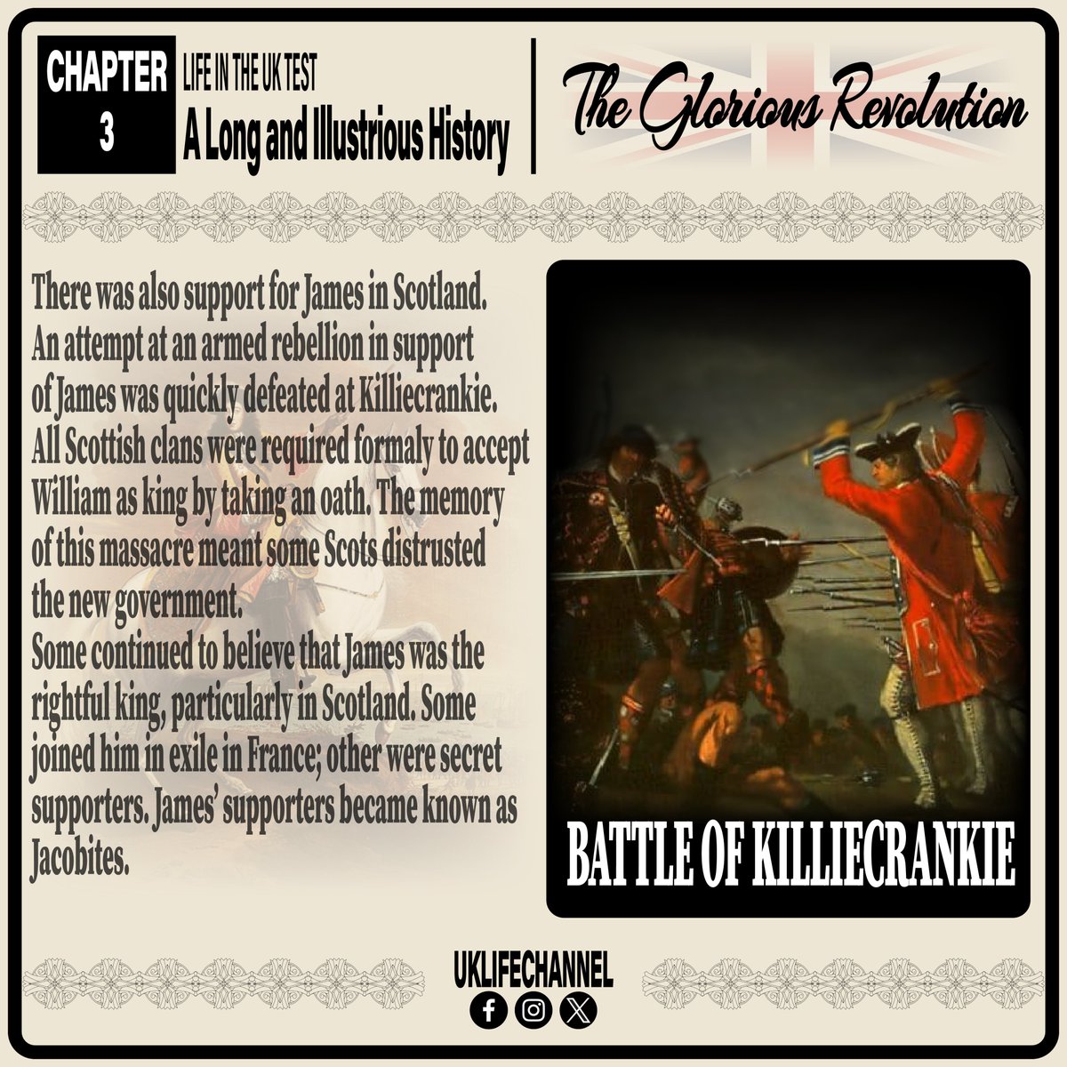 LIFE IN THE UK TEST
The Battle of Killiecrankie
#uklifechannel #lifeintheuktest #unitedkingdom #greatbritain  #england #scotland #wales #northernireland #williamoforange #GloriousRevolution #parliament #RomanCatholics #irishcatholics #JamesII #battleofkilliecrankie #jacobites