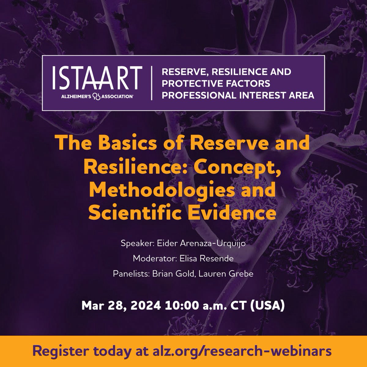Join us to learn more about some methodological and conceptual basic aspects of our field! 🧠With this seminar, we aim to help early career researchers form foundational knowledge on key concepts related to Reserve and Resilience. 🚀REGISTER TODAY: alz-org.zoom.us/webinar/regist…