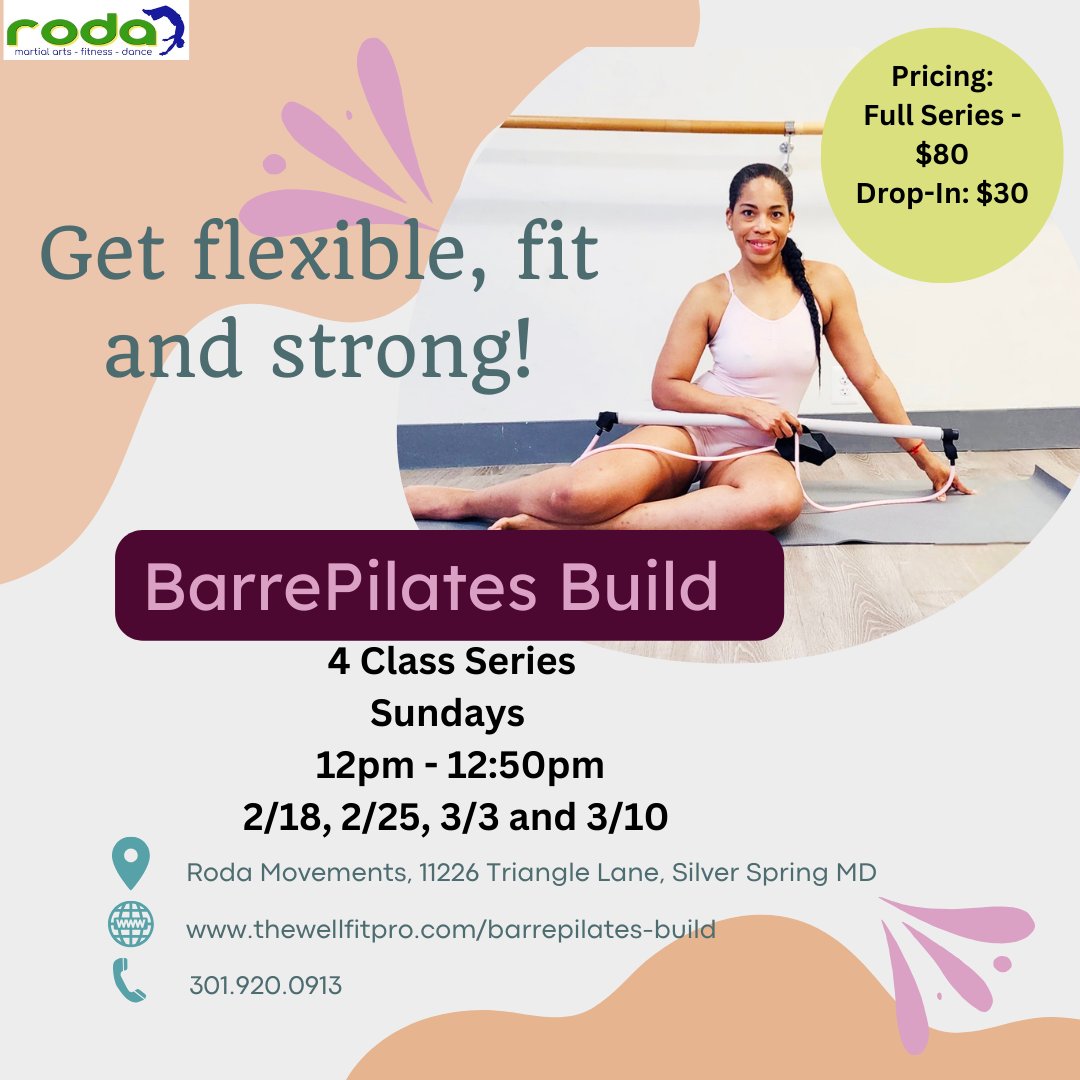 fitfusionstyle's tweet photo. Ready for this fit fusion workout? Join me on Sunday 2/18 12pm @rodamovements in Wheaton, MD for BarrePilates Build- get fit, stronger and build a leaner core with us.  If you are a former or current athlete, you will love it! Sign up at https://t.co/nBg1I0rI1z - see you there! https://t.co/no7pR9u7Hh