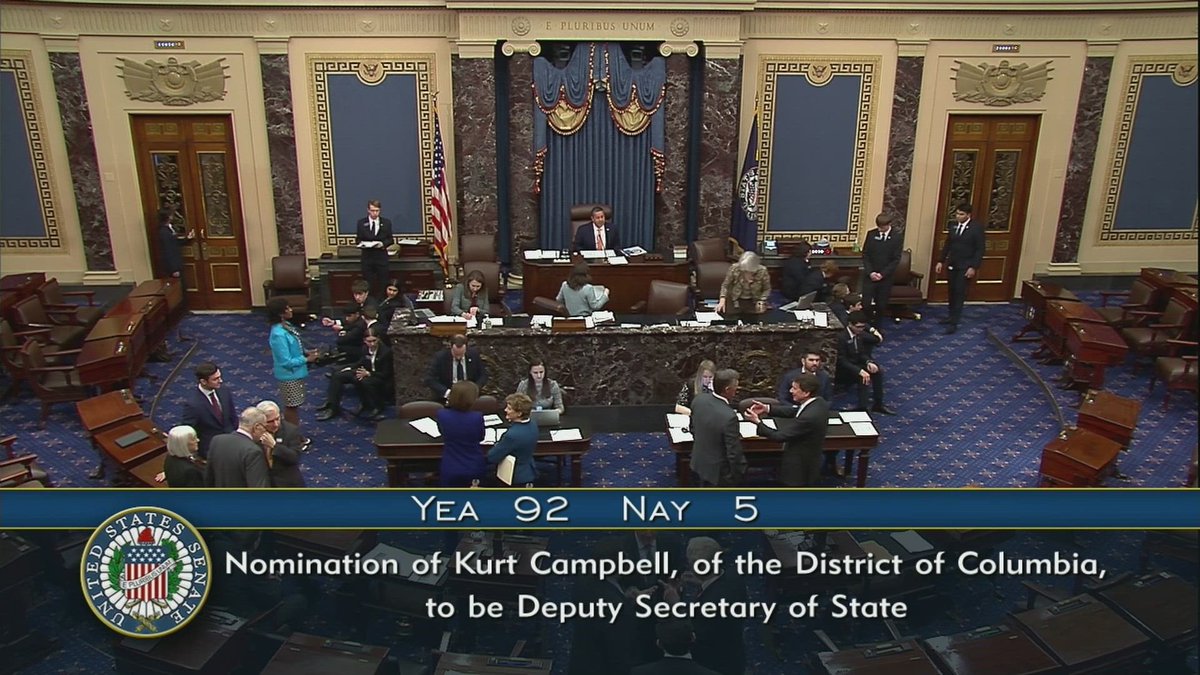 92-5: Senate confirmed Kurt Campbell to be Deputy Secretary of State, the State Department’s number two post under Secretary Blinken. 5 Senators voted No: 4 Republicans Hawley, Scott (FL), Tuberville, Vance & Sanders-I. Campbell succeeds Wendy Sherman,who left at the end of July.