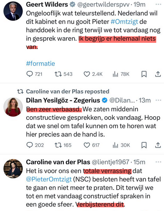 Ondertussen likken diegenen welke hun hand overspeeld hebben in verbijsterd hun wonden. #PVV #Wilders #VVD #BBB #NSC . Too late... 2/3 van NL wenst zo'n kabinet niet.