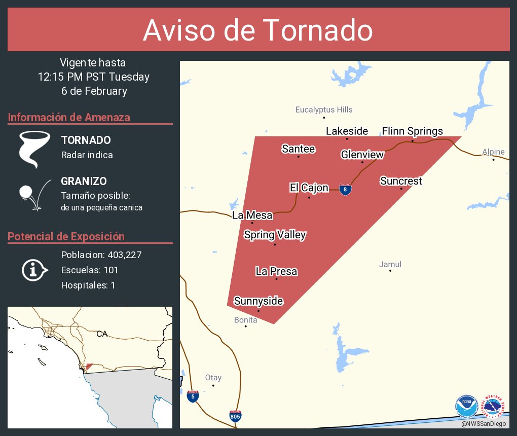 Aviso de Tornado continúa El Cajon CA, La Mesa CA, Santee CA hasta las 12:15 PM PST
