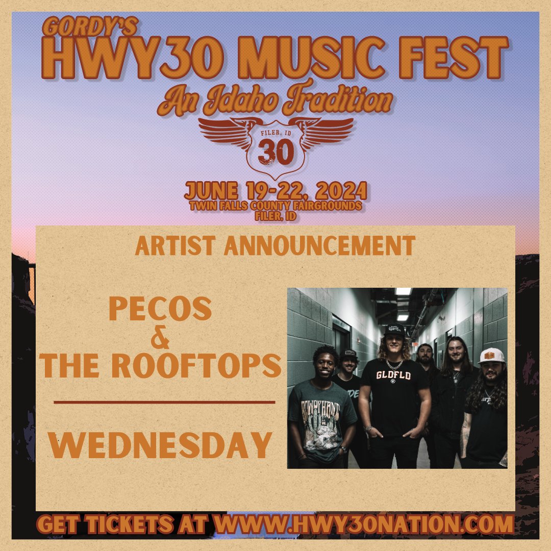 ‼️BAND ANNOUNCEMENT‼️
We have not ONE but TWO band announcements for y'all!!

PECOS &amp; THE ROOFTOPS will be back in Idaho for <a href="/Hwy30MusicFest/">Hwy 30 Music Fest</a> on Wednesday, June 19th...secure your passes TODAY. 
🎟️ hwy30nation.com