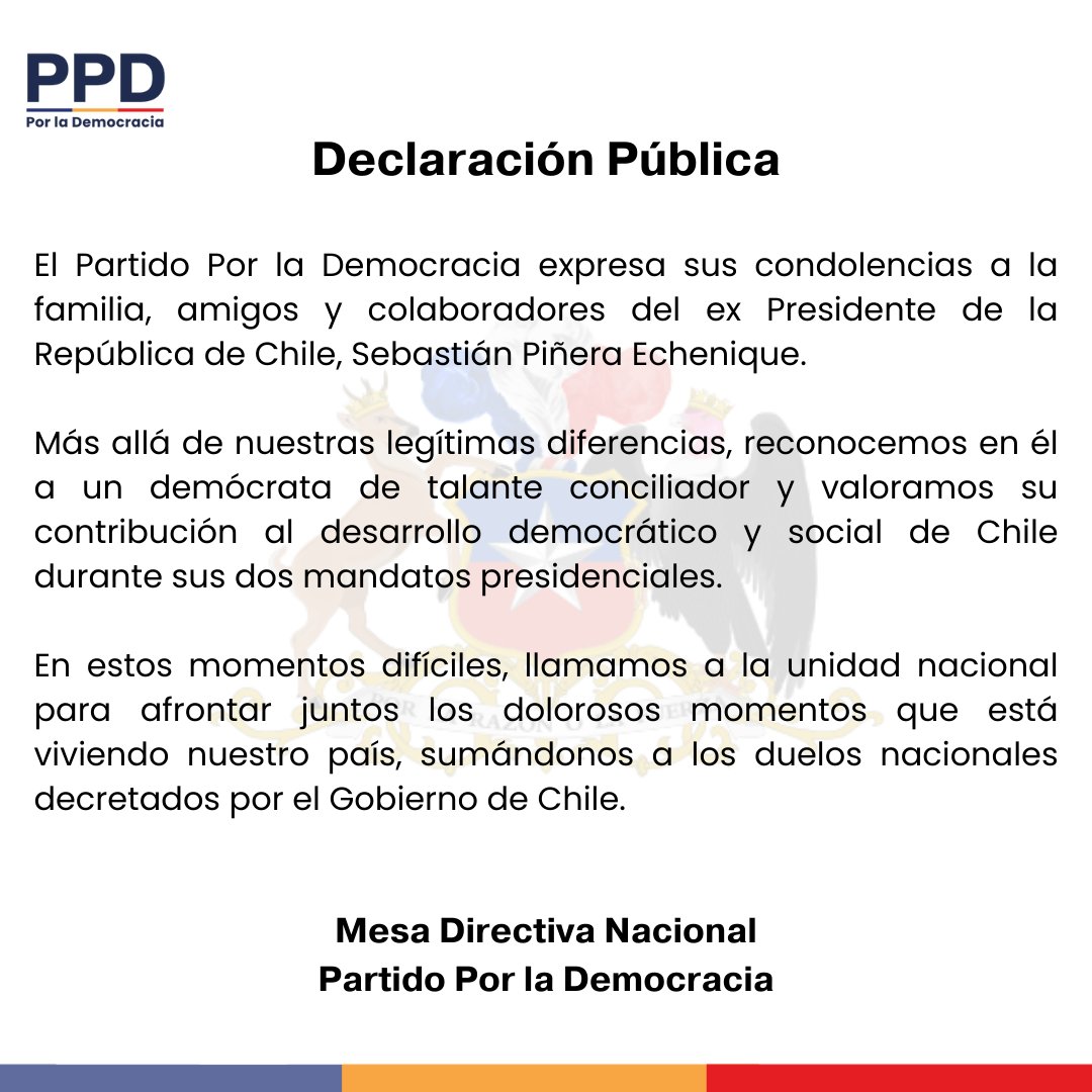 El Partido Por la Democracia expresa sus condolencias por el fallecimiento del ex Presidente de la República de Chile, Sebastián Piñera Echenique. Hacemos un llamado a la unidad nacional en estos difíciles momentos que atraviesa el país.