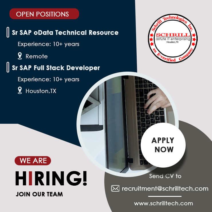 We Are HIRING!JOIN OUR TEAM NOW,Hurry Up.
Interested can send CV to recruitment@schrilltech.com
#hiring #job #openings #vacancies #jobopening #applyforjob #vacancy #schrillhiring #openforjobs  #schrill #schrilltech #itstaffing #itrecruiting
#hiring #jobseekers #jobopen #sap