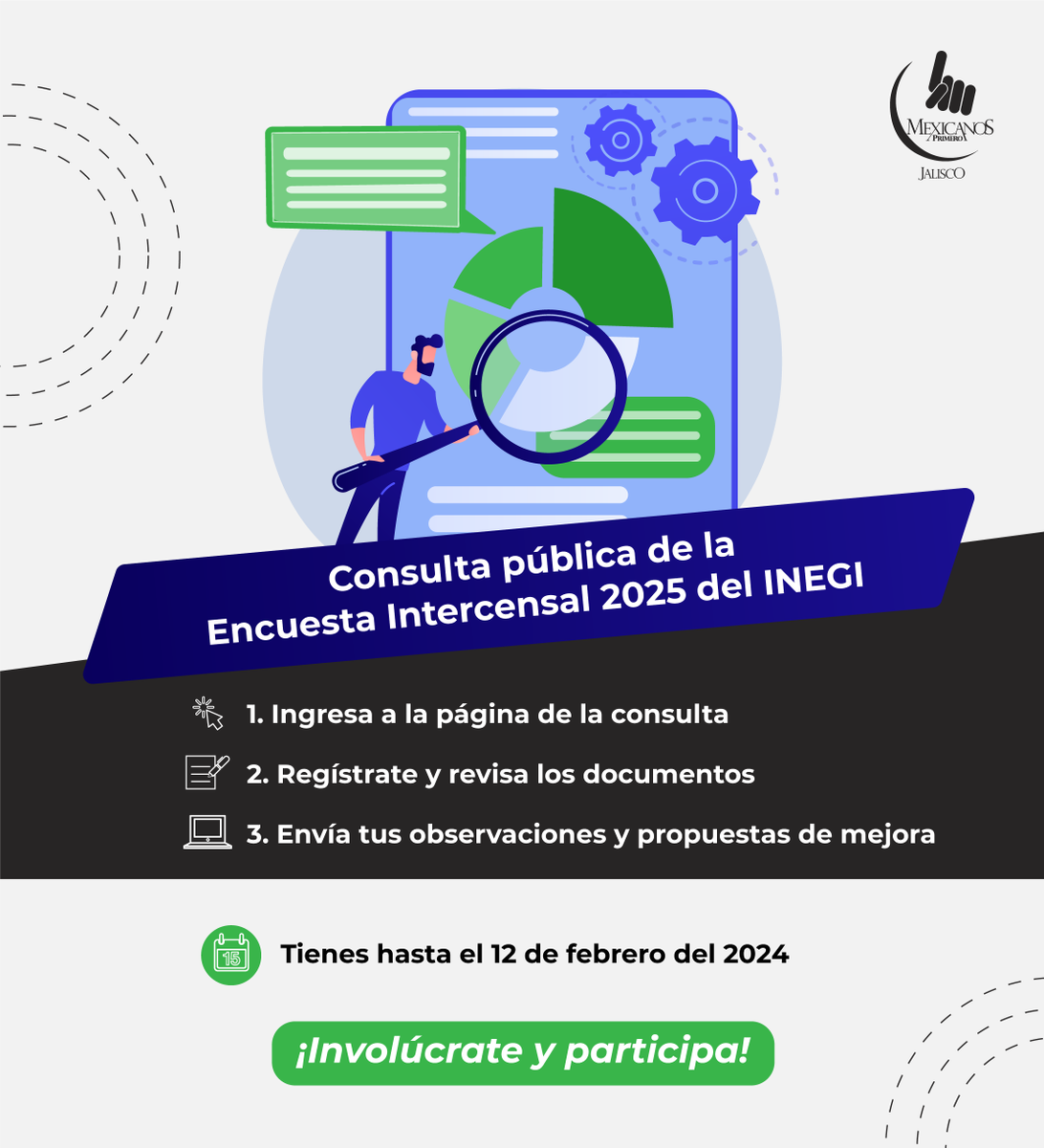 Te invitamos a participar en la consulta pública de la Encuesta Intercensal 2025, en la que se actualizará la información sociodemográfica de la población y las viviendas en el territorio nacional.

Entra a: inegi.org.mx/app/consultapu…