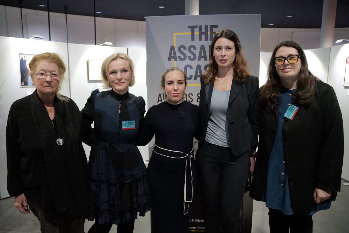 Stella_Assange's tweet photo. In Strasbourg at the European Parliament where for the opening of the exhibition showcasing a fraction of the awards Julian Assange has won. Julian is the most decorated journalist in history. Fortuitously, we had all women speakers. #FreeAssangeNOW #JournalismIsNotACrime https://t.co/M6F9Ke8Eln