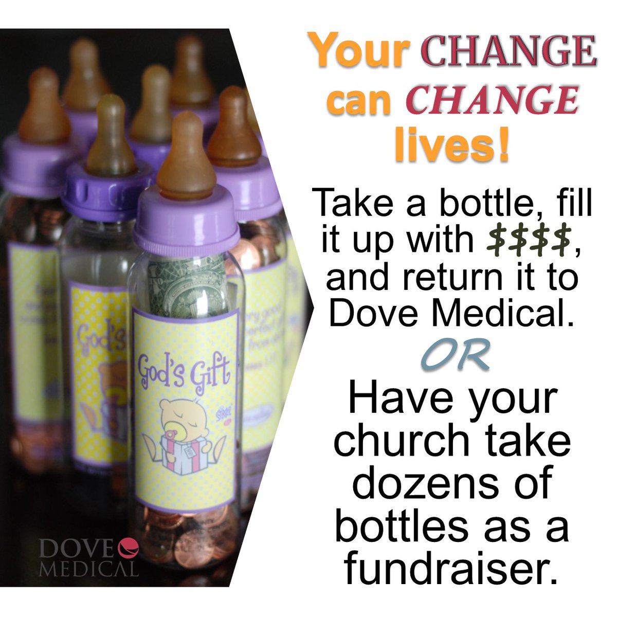 This is the most popular time of the year to participate in a Dove Medical baby bottle fundraiser. Tell us how many bottles your church or group wants, and we'll have them ready for you to pick up at the clinic. #babybottles #pregnancydiagnosisclinic