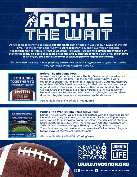 Aces's tweet photo. As we come together to celebrate The Big Game being hosted in Las Vegas, Nevada for the first time, it is the perfect opportunity to work together to support our mission and help #TackleTheWait for those in need of an organ transplant!
Learn more β¬οΈ
https://t.co/G9XrCe5YBm https://t.co/R54nMy41Ds